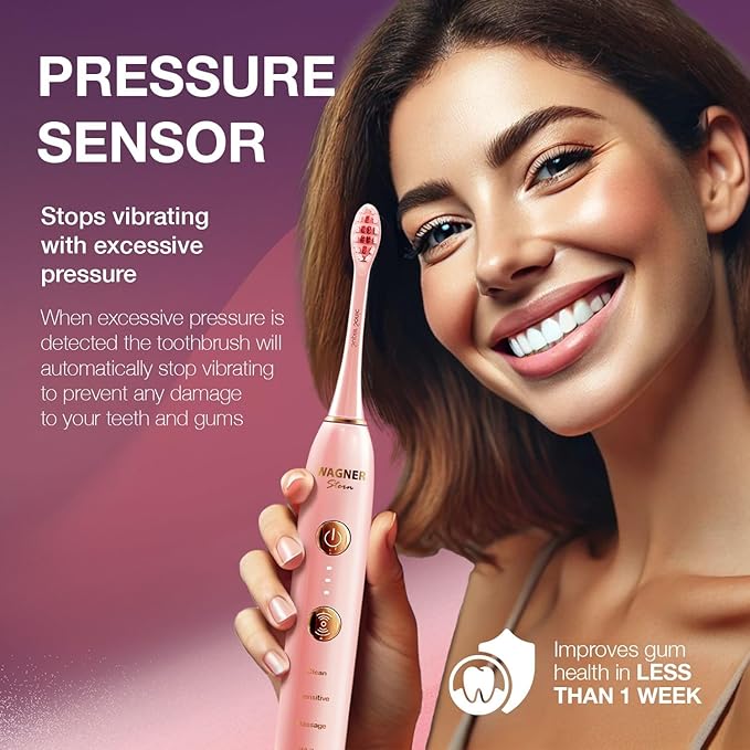 Wagner Stern WHITEN+ Edition. Whitening Electric Toothbrush with Pressure Sensor. Offers 5 Brushing Modes, 3 intensities, 8 Soft Brush Heads, and a Luxury Travel case.