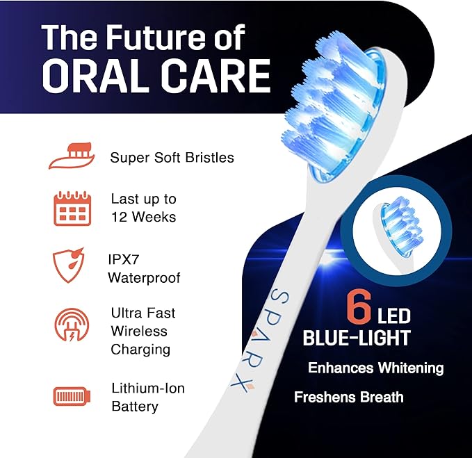 SPARX Electric Toothbrush for Teeth Whitening, Gum Care, & Polishing, Light Therapy Technology for Whiter Teeth & Healthy Gums, Rechargeable [White]