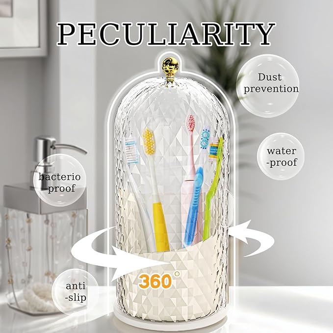 Multifunctional Rotating Toothbrush Holders with Sliding Lid, The 3-Slot Bathroom Countertop Vanity Organizer Perfect for Tooth Brush, Toothpaste, and Makeup Brushes Holder Storage (Black)
