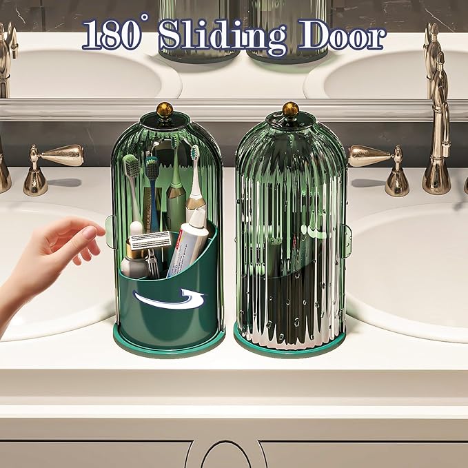 Dustproof Toothbrush Holders with Cover, Rotating Electric Toothbrush and Toothpaste Holder for Bathroom Countertop, 3 Slots Makeup Brushes Organizer, All Green