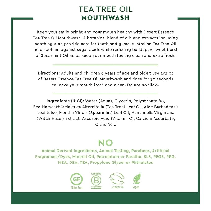 Desert Essence Alcohol-Free Mouthwash with Tea Tree Oil and Aloe, Sugar-Free, Oral Rinse to Provide Botanical Care for Teeth & Gums, Vegan, Non-GMO, SLS-Free, Gluten-Free, Spearmint Flavor, 8oz