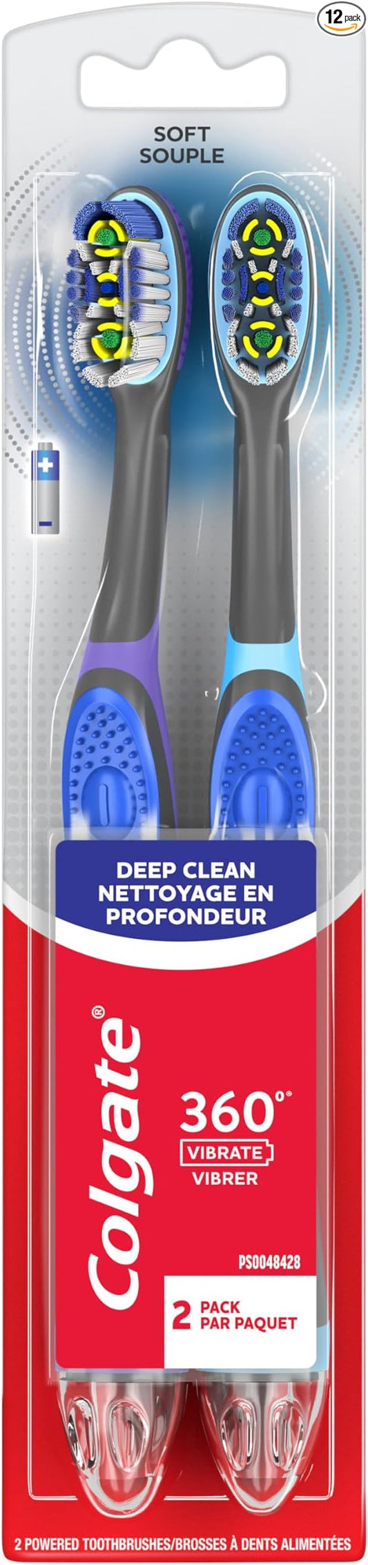 Colgate 360 Vibrate Deep Clean Battery Operated Toothbrush Pack, Disposable Electric Toothbrush with 1 AAA Battery Included, Whole Mouth Clean, 24 Pack