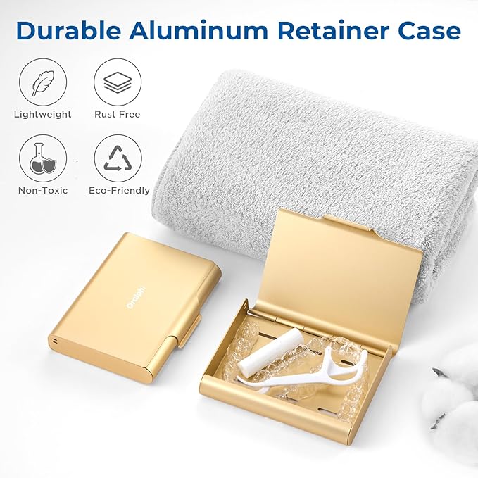 Aluminum Retainer Case for Invisalign Aligners, Partial Mouth Guard Case Denture Retainer Container Case Holder with Vent Holes, Slim Orthodontic Aligner Case for Traveling-1 Pack Gold