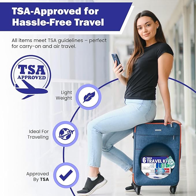 Trektote Travel Toothbrush and Toothpaste Set - (5 Pack) 6 Piece Dental Care Kit, TSA Compliant, Includes Toothpaste, Toothbrush, Mouthwash, Flosses and Premium Toiletry Bag