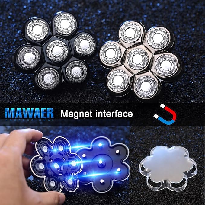 Universal Magnetic 7 Blades Head Shaver Replacement Heads Compatible with Freedom Eagle Shaver, Compatible with mainstream shaver brands， Universal replacement heads (7 Silver)