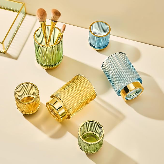 Makeup Brush Organizer, Toothbrush Holder, Desk Pen Pencil Holder, Multifunctional Vintage Glass Brush Cup (S/Gold/A3-12-US)