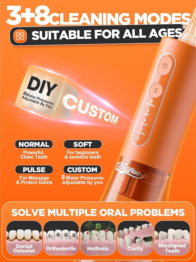 Water Dental Flosser Teeth Pick: Portable Cordless 4 Modes Flossers Pic 300ML Rechargeable Floss Pik Powerful IPX7 Waterproof Oral Irrigator for Cleaning Gum Care Braces for Home Travel