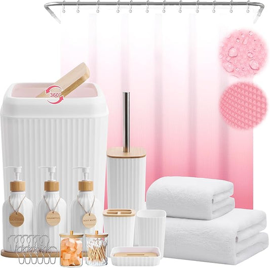 32PCS White Bathroom Accessories Set with Shower Curtain,Bath Towel,Trash Can,3PCS Lotion Soap Dispenser,Toothbrush Holder,Soap Dish,Tumbler Cup,6PCS Wood Tags Bath Accessories with Tray
