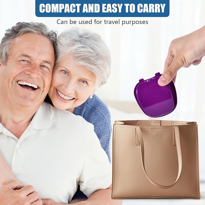 2 Pack Denture Bath Case Cup Box Holder Storage Container with Denture Cleaner Brush Strainer Basket for Travel Cleaning (Blue and Purple)