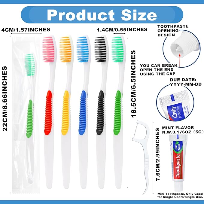HAIFOTRVA Disposable Toothbrushes with Toothpaste and Floss,200pcs Single Use Individually Wrapped Disposable Travel Toothbrushes and Dental Floss Kit Bulk for Homeless,Airbnb,Dentist,Hotel(5 Colors)