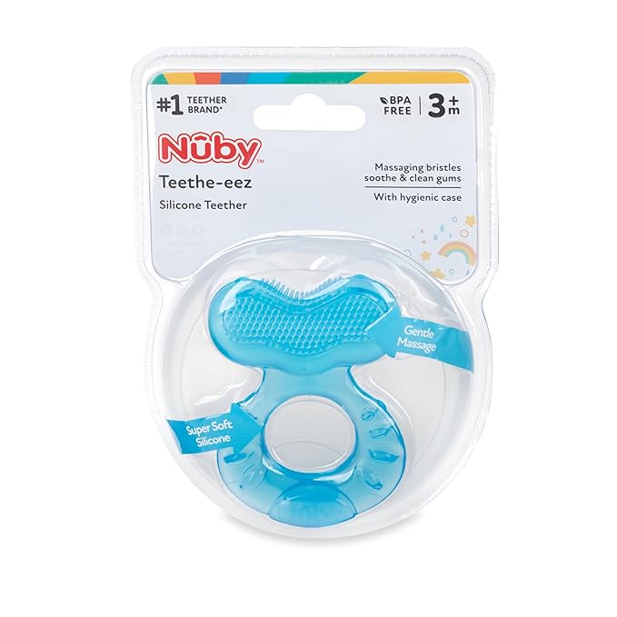 Nuby Silicone Teethe-EEZ Teether with Bristles, Includes Hygienic Case, Colors May Vary