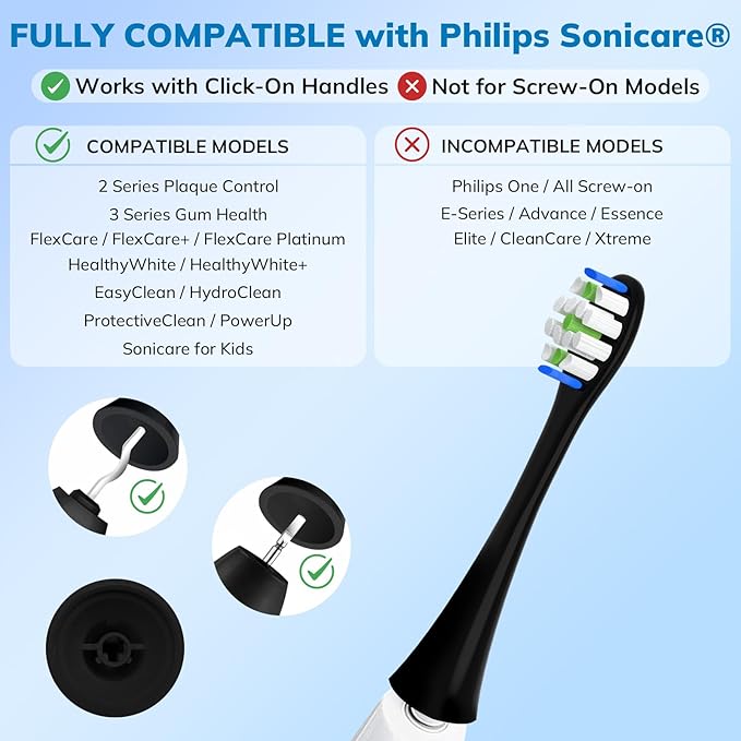 Replacement Toothbrush Heads for Philips Sonicare - 8 Pack Soft Gentle Bristles Compatible with Most Sonicare Click-On Electric Toothbrushes (Black)