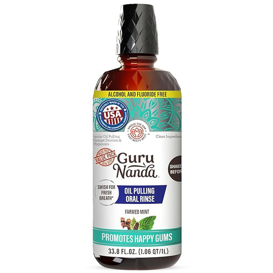 GuruNanda CocoMint Oil Pulling Mouthwash for Complete Oral Hygiene, 7 Essential Oils & Vitamins for Happy Teeth & Gums & Fresh Breath, Alcohol-Free, 33.8 Fl Oz/1L