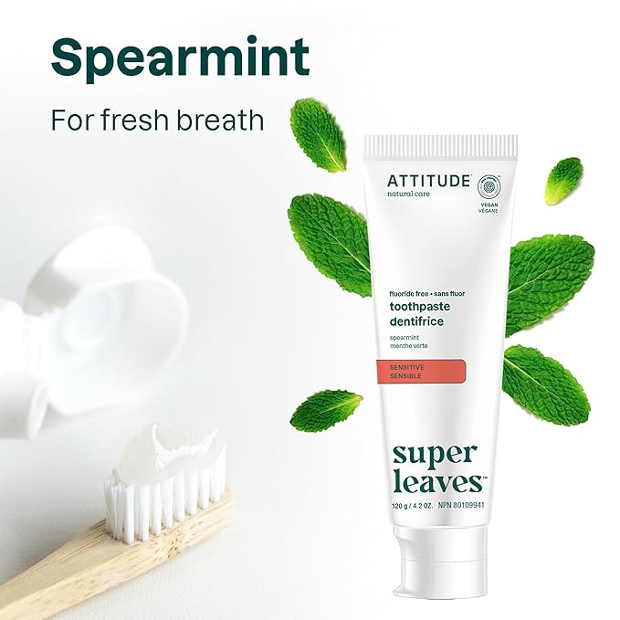 ATTITUDE Fluoride-Free Sensitive Toothpaste, Spearmint Flavor, Vegan & Cruelty-Free, Sugar-Free, Plant & Mineral-Based Ingredients, Clean Oral Care, 4.2 Oz