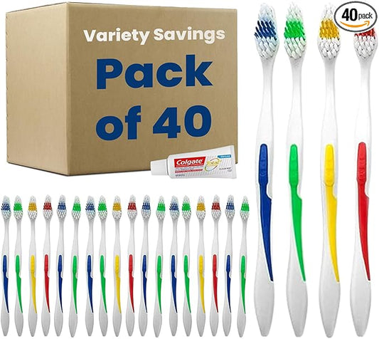 40 Toothbrushes Bulk Wholesale Quantity Standard Size, Dental Care Toiletries, Medium Soft Bristles, Individually Wrapped, Homeless Care, Disposable Use, Hotels, Travel,