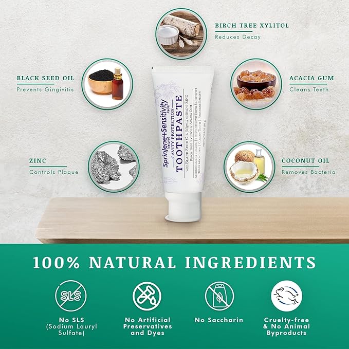 SprinJene Natural Sensitivity Relief, Fluoride Toothpaste for Sensitive Teeth (1 Pack) + Fluoride Free & Alcohol Free Mouthwash