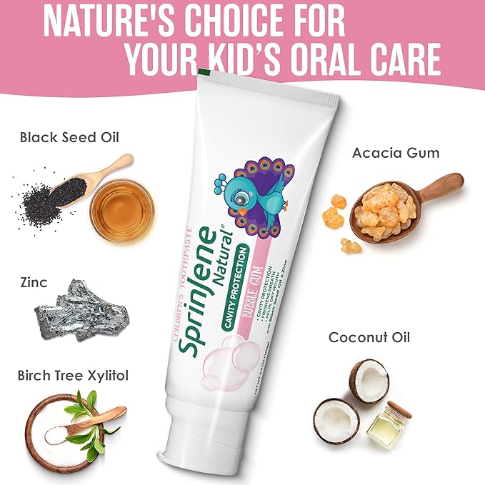SprinJene Natural Children’s Toothpaste – Fluoride Bubblegum Toothpaste for Kids & Toddlers – Safe Gentle Formula for Cavity Protection – Made in The USA with Black Seed Oil & Zinc (2 Pack)