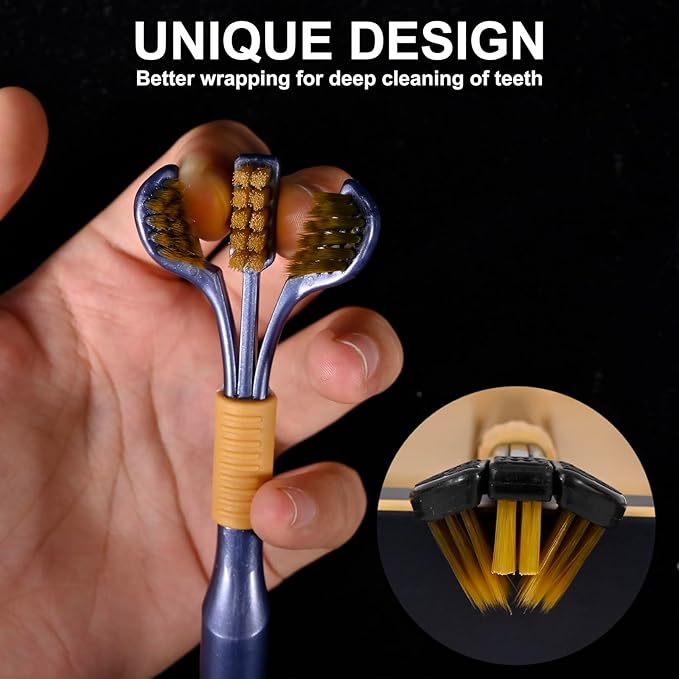 4-Piece Set of 3-Sided Medium toothbrushes for Adults, Soft Bristle Toothbrush for Comprehensive Care of Teeth and Gums, Suitable for Adult and Youth (Black, White, Brown, Blue, Adults)