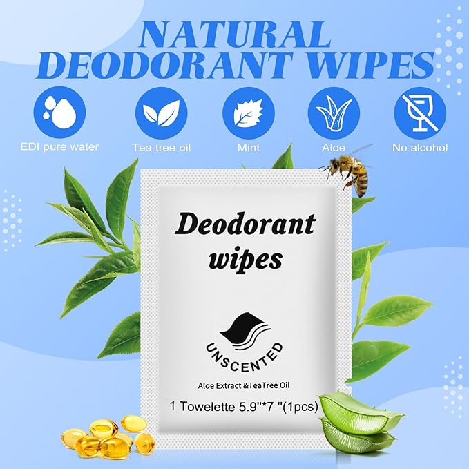 Travel Deodorant Wipes Individually Wrapped,Body Wipes to Clean Skin for Women Men（Unscented,pack of 50)
