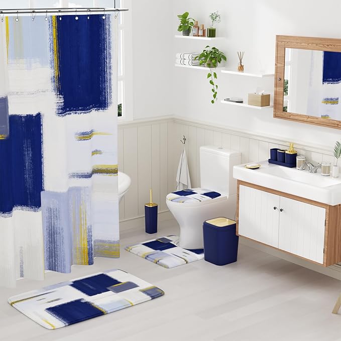 Bathroom Accessories Set - 25PC Bathroom Set with Shower Curtain and Rugs, Blue Bathroom Set, Bathroom Accessory Set with Press-on Lid Trash Can, Soap Dispenser and Qtip Holders