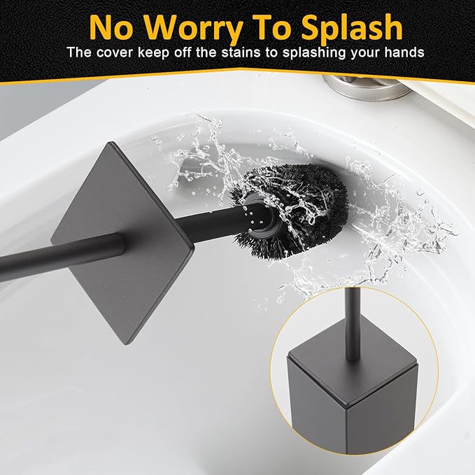 Toilet Brush and Holder Floor Standing, Gun Gray with 2 Replaceable Heads, Bathroom Toilet Brush, Freestanding Toilet Bowl Brush with Removable Liner and Splash Guard, Modern Square Design