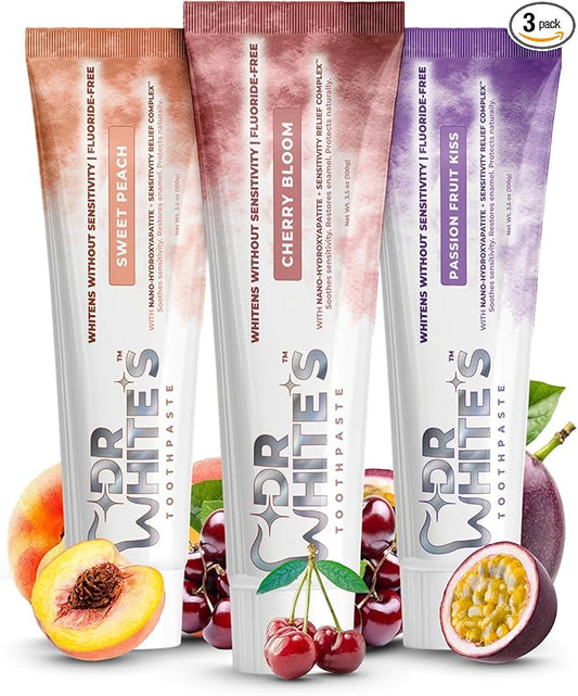 Dr. White’s Signature Flavor Trio — Bloom & Blush | Fluoride-Free Nano-Hydroxyapatite Toothpaste Set, 3 × 3.5 oz | Mint-Free | Dentist-Formulated | Enamel-Identical Mineral Care