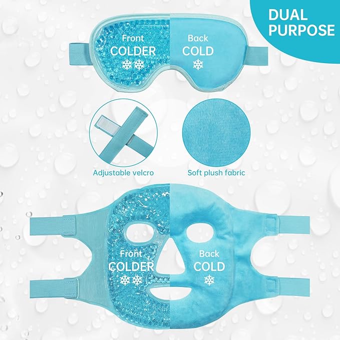 ZNÖCUETÖD Cooling Ice Face Eye Mask for Reducing Puffiness, Bags Under Eyes,Sinus,Redness,Pain Relief,Dark Circles, Migraine,Hot/Cold Pack with Soft Plush Backing (Blue(1* Eye Mask+1*Face Mask))