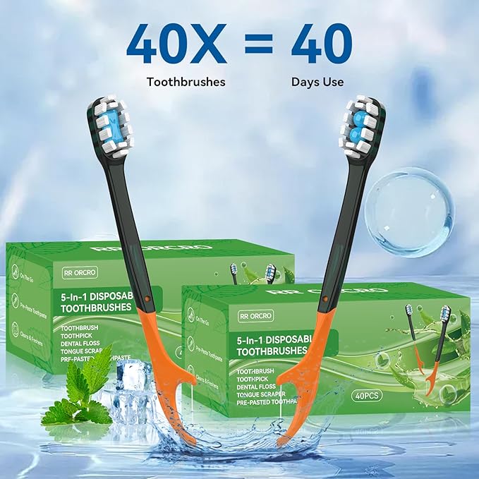 40Pack Disposable Toothbrushes with Toothpaste All-in-One Oral Care Prepasted Individually Wrapped 5-in-1 Mini Toothbrush with Toothpick, Flosser, Tongue Cleaner, Perfect for Travel & On-The-Go