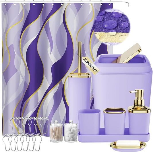 Purple Bathroom Accessories, Bathroom Sets with Stripe Shower Curtain, Purple and Gold Bathroom Accessories Set with Trash Can, Soap Dispenser, Soap Dish, Qtip Holders for Bathroom