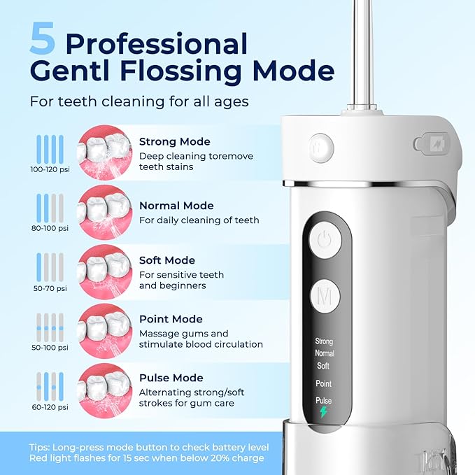 Portable Water Flosser for Teeth Travel – FOMIS Mini Water Flosser with 5 Mode, 5 Nozzles, 180ML Collapsible Tank, Smart Timer, IPX7 Waterproof Cordless Oral Irrigator for Brace & Sensitive (White)