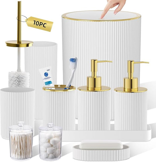 White and Gold Bathroom Accessories Set, 10PC Bathroom Set, Bath Accessory with Pop Up Trash Can, Soap Dispenser, Toilet Brush, Toothbrush Set Qtip Holders & Tray
