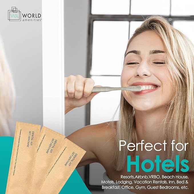 World Amenities Kraft Paper Dental Kit - Wheat Straw Toothbrush and Toothpaste Dental Care Kit (100)