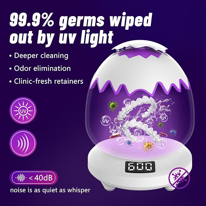 Ultrasonic Retainer Cleaner Machine for Dentures | 45kHz Dental Cleaning Pod for Mouth Guards, Aligner, Nightguard, Braces, Jewelry, Watch | 3 Timer Modes - with Cooling Fan & Split-Design