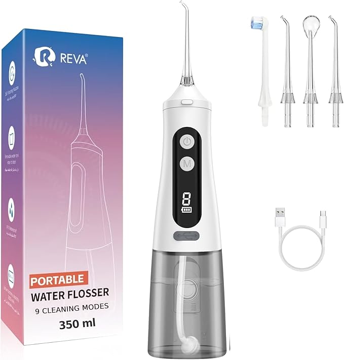 Reva Professional Water Dental Flosser for Teeth & Braces - 9 Modes Cordless Oral Irrigator, 350ML Large Reservoir, 360° Nozzle, IPX7 Waterproof, Rechargeable, Dental Floss Tool (M131 - White)