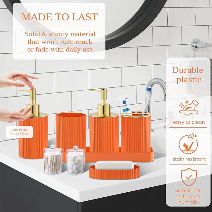 Orange Bathroom Accessories Set - Bathroom Sets, 25PC Bath Accessory Set, Bathroom Sets with Push Top Trash Can, Shower Curtain and Rugs, Toilet Brush, Trash Can & Soap Dispenser