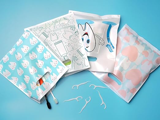 100 Pcs Dental Bags, Tooth Patient Care Dental Bags, 9 x 8 Inches dental goodie bags, for Dental Clinics, Schools and Patient use (Style 5)