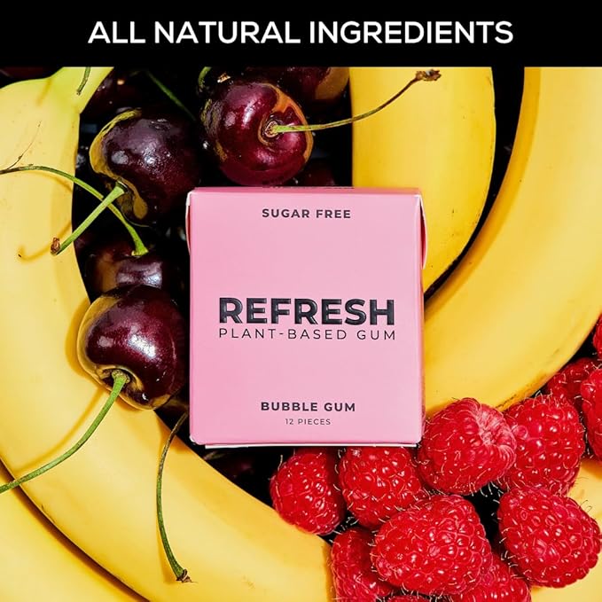 Refresh Gum, Xylitol, Sugar Free, Natural, Chewing Gum, Natural Flavors & Organic Ingredients, Plant-Based, Plastic Free, Non GMO, Gluten Free, Vegan, Bubble Gum Flavor, 12 Pcs, 12 Pack