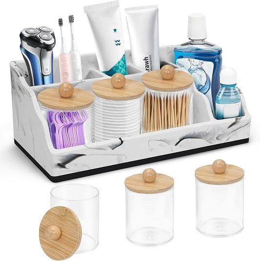 Marble Toothbrush Holder for Bathroom Organizer Countertop, Toothbrush Organizer with 3PCS Qtip Holder Dispenser, Toothbrush and Toothpaste Holder for Bathroom Counter Organization Storage Vanity