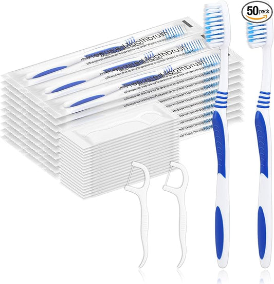 50 Prepasted Disposable Toothbrushes with Dental Floss Individually Wrapped Pre Pasted Toothbrushes Soft Bristle Travel Tooth Brush Single Use Wrapped for Hotel, Camping, Travel, Homeless