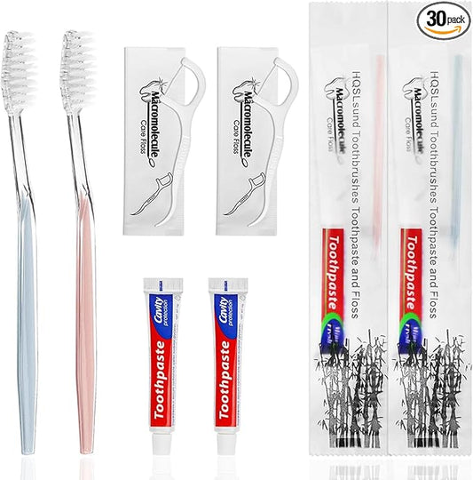 30 Pack Disposable Toothbrushes with Toothpaste Floss Individually Wrapped, 2 Color Toothbrush,10g Toothpaste,Floss Pick,Bulk Toothbrush Kit for Homeless,Airbnb,Hotel,Guest