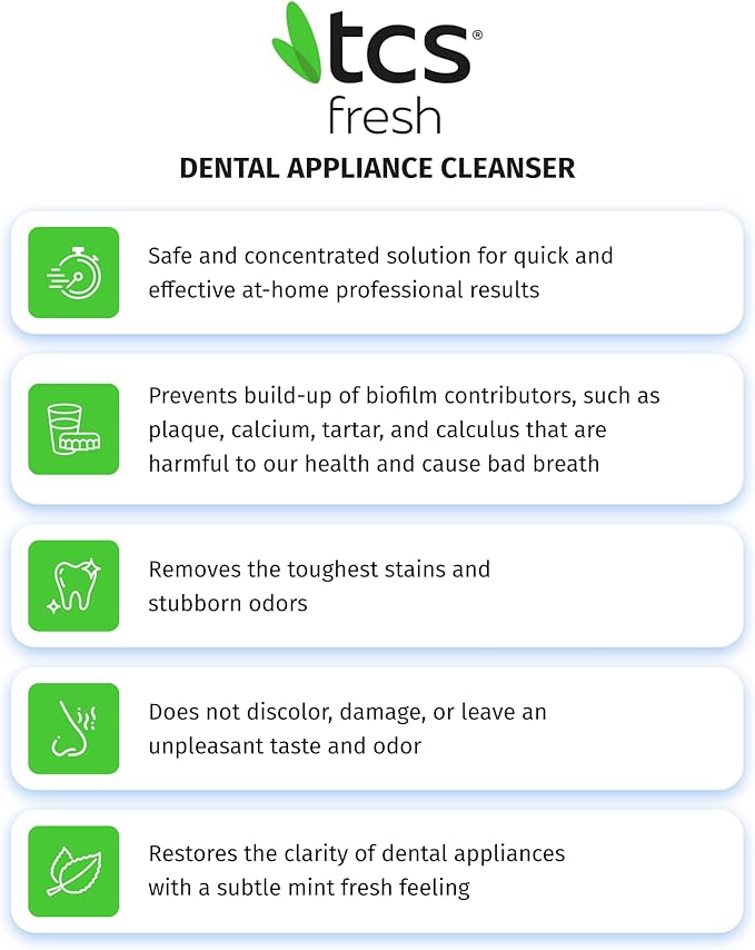 TCS Fresh Concentrated Dental Appliance Cleaner Set, Professional Denture and Retainer Cleaner Powder with Soft Bristle Brush (24 Packets, 6 Month Supply, Mint Flavor)