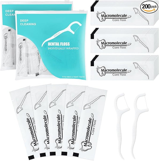 Individually Wrapped Dental Floss Picks Bulk Disposable Flossing Sticks Teeth Cleaning and Oral Care Travel Size Dental Tooth Floss Pack for Hotels, Weddings, Guests & Business Single Use (200 Pack)
