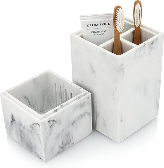 Essentra Home Toothbrush Holder with Lid, Elegant White Marble Bathroom Toothbrush & Toothpaste Organizer – Blanc Collection