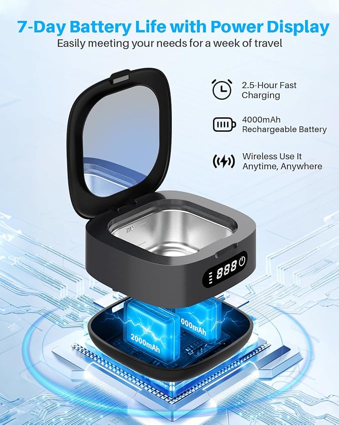 Voraiya 2025 Rechargeable Ultrasonic Retainer Cleaner, Portable Retainer Cleaner Machine, 52kHz Retainer Cleaner for Dentures, Night Guards, Mouth Guards, 166ml Dental Cleaning Pod with Mirror,3 Modes