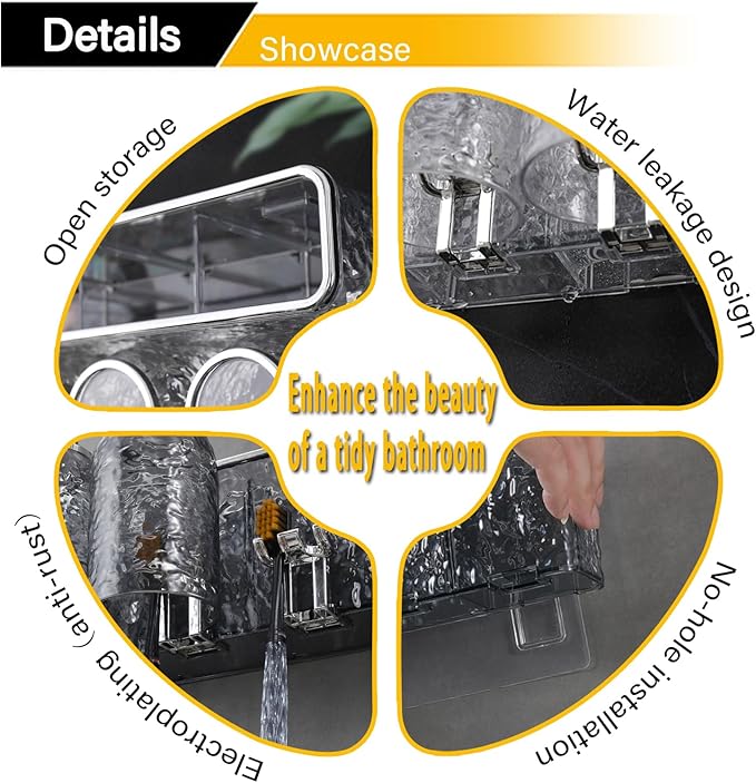 Toothbrush Holders Combo Set for Bathroom，4 Cups Toothbrush Holder Wall Mounted with Organizer，Gift 4 Count Ultra Fine Soft Bristle Crystal Tooth Brush and Wall Mounted Toothpaste Squeezer