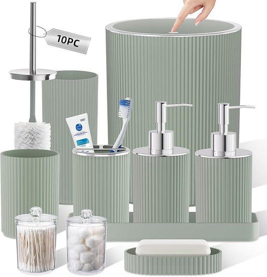 Sage Green Bathroom Accessories Set, 10PC Bathroom Set, Bath Accessory with Pop Up Trash Can, Soap Dispenser, Toilet Brush, Toothbrush Set Qtip Holders & Tray