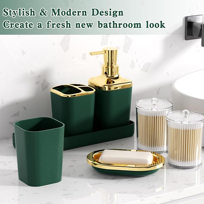 Bathroom Set - Green and Gold Bathroom Accessories, Bathroom Sets with Shower Curtain and Rugs, Green Shower Curtain Set with Bathroom Trash Can, Soap Dispenser, Soap Dish for Home Decor
