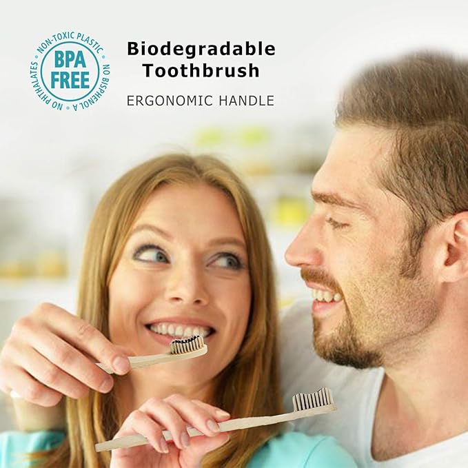 Eco-Friendly Bamboo Toothbrushes - 6 Pack Biodegradable with Charcoal Soft Bristles | Sustainable Dental Care