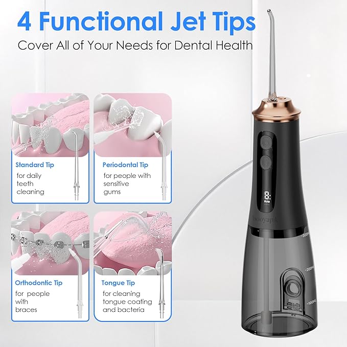 300ml Large Capacity Home Oral Irrigator 9 Modes Water Flosser with Adjustable Pressure for Gum Care/Breath Remover/Dentures (Black&Gold)