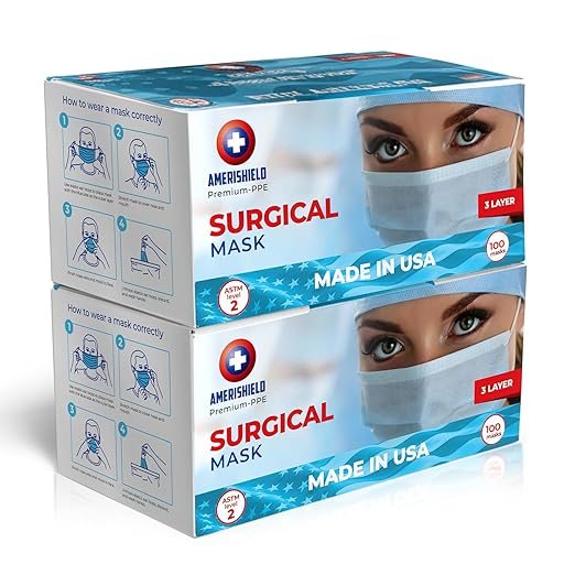 Amerishield ASTM Level 2, Made in The USA, Disposable Face Mask, FSA/HSA Eligible, 3 Layer, Breathable & Comfortable for Allergy and Sun Protection, 100 Pack